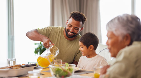 Happy family, dinner and eating food at table together for holiday celebration, bonding or sharing a...