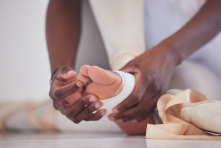 Ballet, hands and feet of dancer with bandage, comfort and support for performance with person....