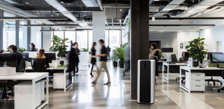 Business, walking and people in office, agency and furniture for workspace of coworking, table andの素材