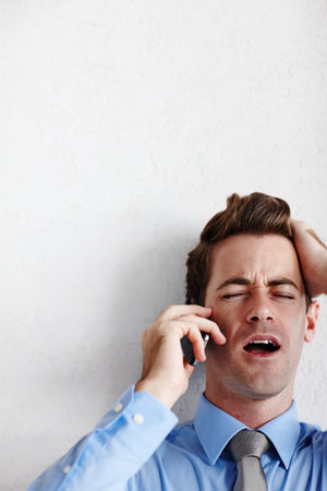 Business, phone call and man with stress, crisis and mistake with project deadline, error and fail....