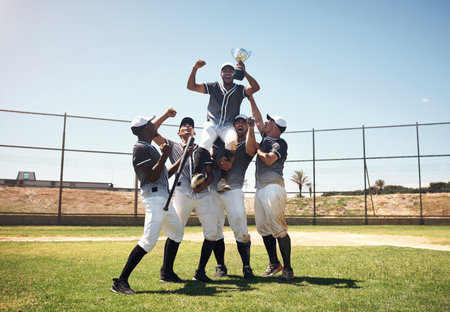 Baseball field, men and team in celebration, trophy and prize for goals, performance or winning contest. People, group and diversity with support, cheers or happy on pitch for competition in Bostonの写真素材