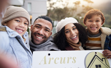 Black family, portrait and children with sign for real estate mortgage, new home and moving in...