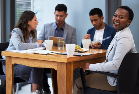 Office, business and colleagues in portrait for lunch, breakfast and beverage or tea break....