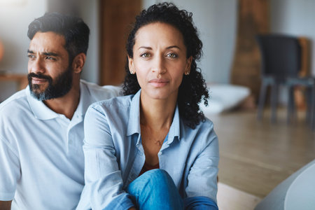 Woman, portrait and partner relax at house in living room for break, bonding and love with care...