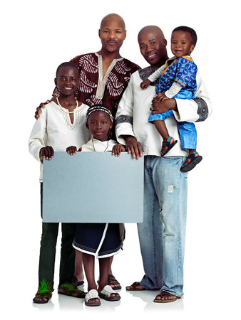 Black family, portrait and blank poster in studio for culture, gay couple and hug on white background. Parents, children and empty display for mockup space, lgbtq and embrace for security on paperの写真素材