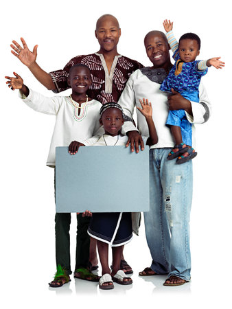 African family, portrait and sign blank in studio for culture, gay couple and hug on white background. Lgbtq parents, kids and empty display for mockup space, celebrate heritage and embrace on posterの写真素材