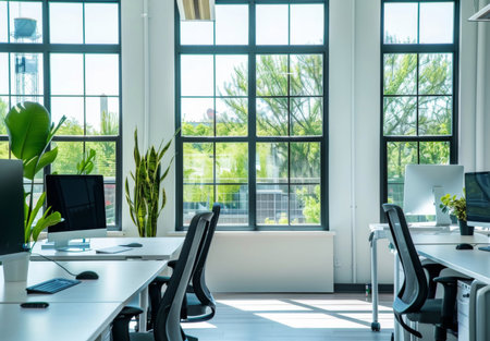 Eco friendly, office and empty in business, plants and nature in startup, recycling and creativeの素材