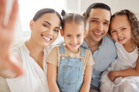 Profile picture, family and portrait in home with selfie, care and social media in living room....