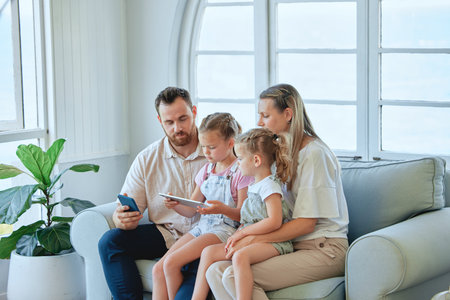 Cellphone, family and together on couch, online and tablet for message, living room and parents....