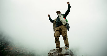 Space, mountain peak or man hiking with freedom in outdoor adventure celebration in nature for...
