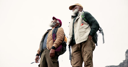 Men, hiking and friends with view, explore and adventure with wellness, retirement and nature. People, outdoor and hiker with activity, hobby or travel with journey, fitness and countryside with joyの写真素材