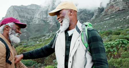 Nature, laughing or friends on trail hiking outdoor adventure or journey in forest or mountain...