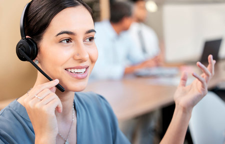 Call center, customer service and woman in office talking for online advice, business and help....