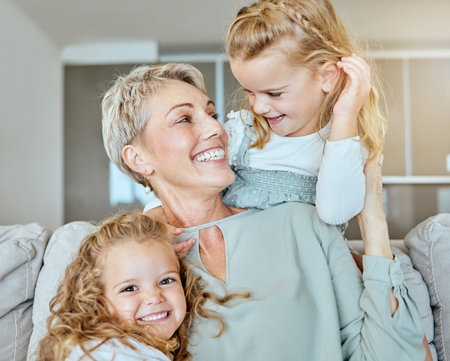Happy, senior woman and children with portrait on sofa to relax, family bonding and support for love...