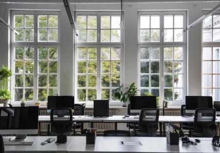 Business, office and room with computer, chair and minimal for workspace of coworking, table orの素材