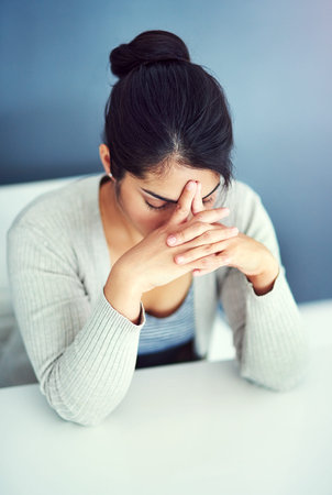 Desk, tired and woman with stress, burnout and anxiety for overthinking as content writer....