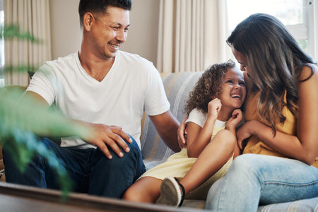Mother, father and girl with happiness on sofa for family love, bonding and affection with security...