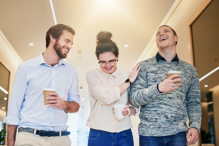Business people, happy and coffee break in office with laughing for comedy joke, collaboration and...