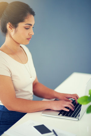 Woman, laptop and profile in office for proposal, planning and employee at desk for digital report....