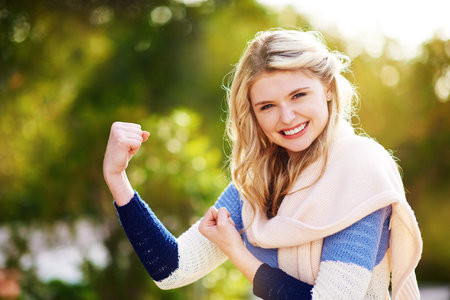Woman, flex and happy portrait or outside, arm muscle and strong or empowered Norwegian female...