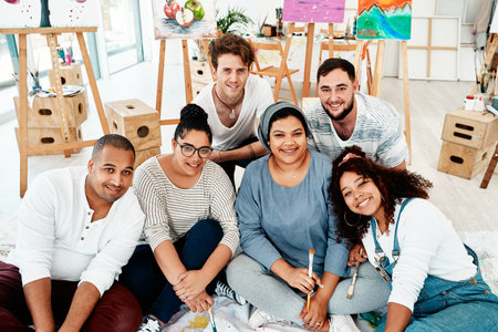 Creative friends, group portrait and art studio for canvas, bonding and happy for paint class...