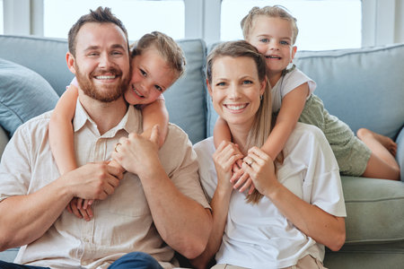 Family, care and parents with children in portrait, happiness and together on home living room...