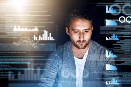 Man, web developer and statistics overlay with coding or script for fintech app and ecommerce...