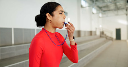 Fitness, swimming and whistle with personal trainer woman in gym for start of training drills....