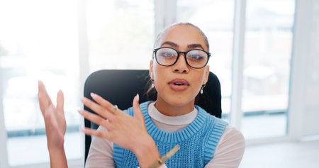 Video call, portrait and business with woman, glasses and explain system in meeting, conversation...