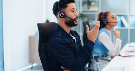 Call center, business man and coworking with customer support, advice and online consultation....