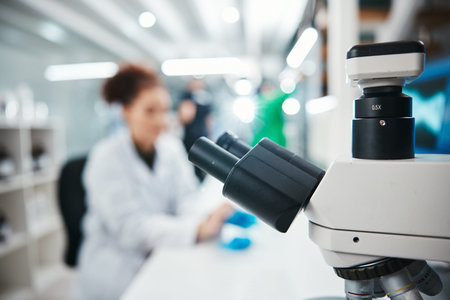 Science, innovation and microscope for research or medical study, pharmaceutical development and...