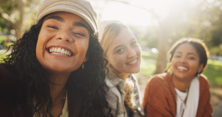 Group, happy and friends to selfie outdoor on school break, bonding and social media post in summer....