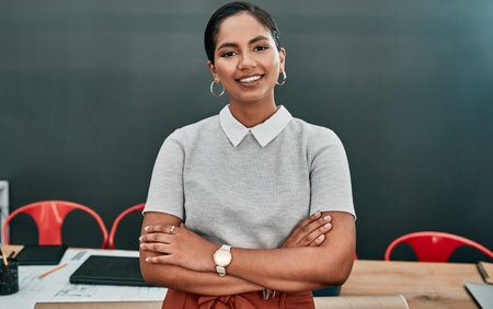 Woman, architect and portrait with arms crossed, smile or pride for career in office at construction...