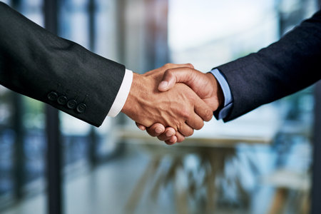 Business people, investor or handshake in zoom for meeting, partnership or greeting at law firm. Closeup, welcome or corporate lawyer with client for deal negotiation, support and legal consultingの写真素材