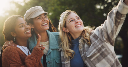 Girl, friends and happy with selfie at park for bonding, profile picture update or social media post...