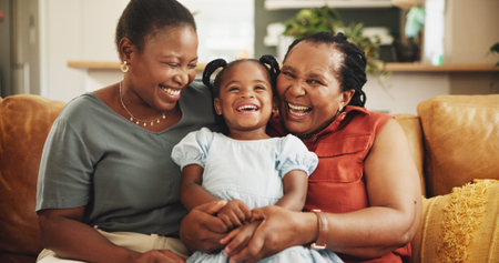 Happy, portrait of and black child with mother and grandmother in home for womens day celebration...