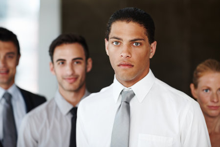 Lawyer, office and portrait of business people for teamwork, collaboration and legal career. Corporate attorney, law firm and men and women with confidence, meeting and pride for consulting companyの写真素材