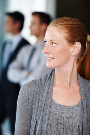 Business, thinking and woman in office with smile for corporate career, job and planning at work. Happy, paralegal and idea with vision at law firm for legal assistance, workshop and company supportの写真素材
