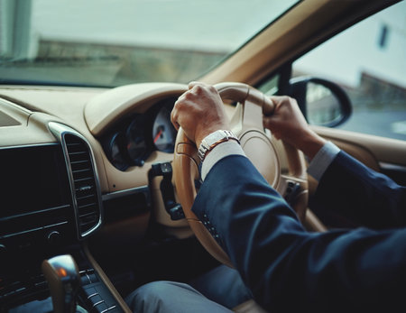 Man, hands and travel or driving car, journey and steering wheel or route for business trip in transport. Navigation, rear view and professional driver, work commute and luxury automobile vehicleの写真素材