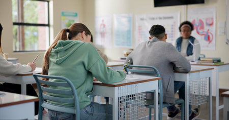 Back, education or girl in high school for exam, lesson or biology assessment. Questionnaire, writing or students at desk for quiz, learning evaluation or concentration for knowledge and developmentの写真素材