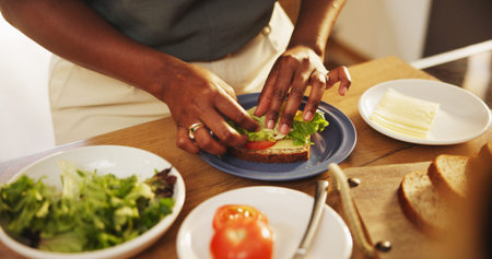 Hands, house and woman with sandwich, kitchen and healthy meal with food, diet plan and ingredients....