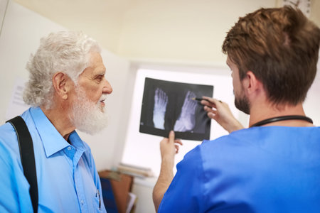 Hospital, consultation and nurse with xray by man for foot injury, examination or medical diagnosis....