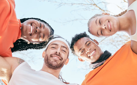 Fitness, happy and portrait of people in park for training, exercise and running workout. Sports, friends and men and women for wellness, health and cardio outdoors for teamwork, goals and supportの写真素材