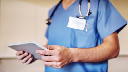 Hospital, wellness and hands of doctor on tablet for medical service, insurance and telehealth...