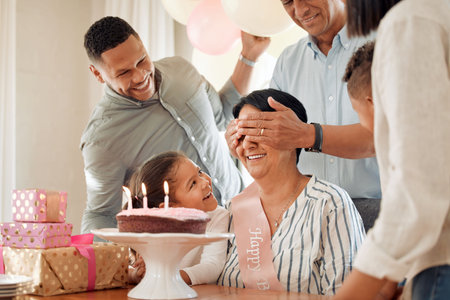 Birthday, family or surprise grandmother with cake for celebration, milestone and fun at party....