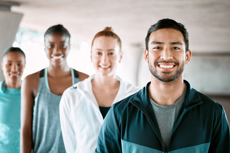 Happy, sports and portrait of group of people in city for workout, wellness gym and training class....