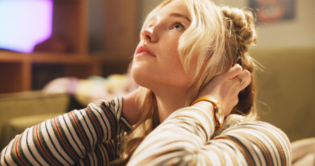 Woman, stress and neck pain with thinking in home with reflection, depression or memory in living...
