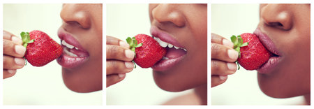 Woman, mouth and collage with strawberry for natural food, snack or juicy bite on banner. Closeup of...
