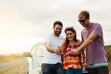 Travel, group and friends with smartphone for directions, maps and adventure with getaway trip....