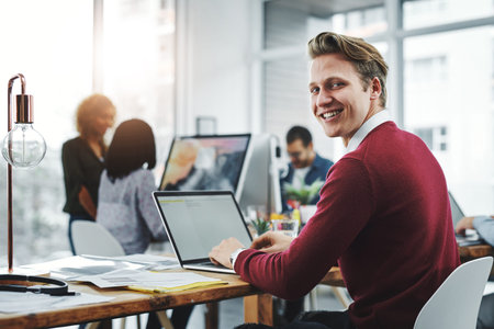 Man, computer portrait and smile for small business, research and creative startup for online...